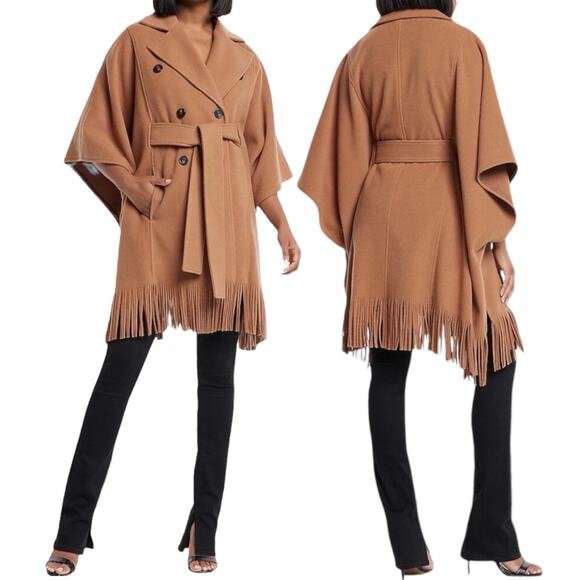 Express Fringe Belted Cape Poncho Coat Butterscotch Camel Size M/L - Picture 2 of 12